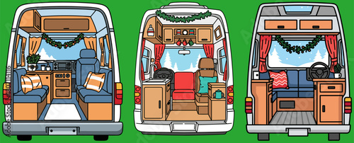 Detailed illustration of a cozy camper van's interior, showcasing three different views of a warm, inviting space with seating, decorations, and scenic windows, isolated on a green background