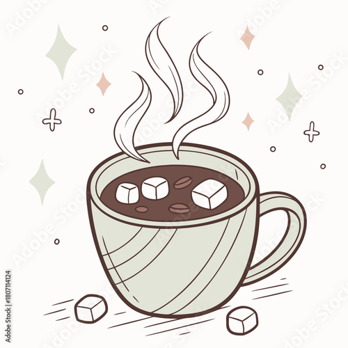 Cozy cup of hot chocolate with marshmallows and coffee beans