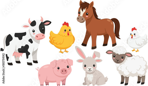 Collection of adorable cartoon farm animals including a cow horse chicken pig sheep and rabbit isolated on white background