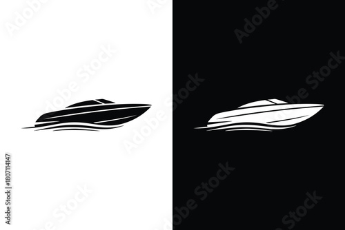 Black and white illustration motorboat isolated on white background