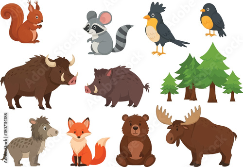 Collection of adorable cartoon forest animals and trees including a moose bear fox squirrel raccoon bison and birds on a white background