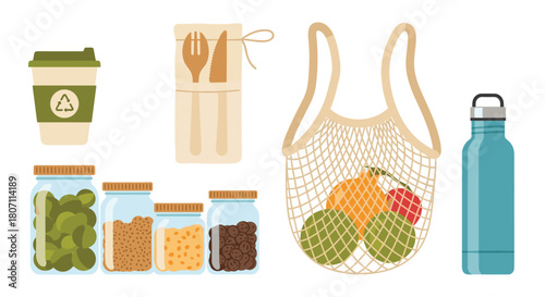 Collection of eco-friendly and zero-waste lifestyle items like a reusable cup, net bag, and glass jars for sustainable living.