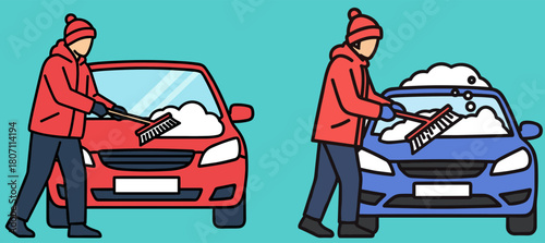 Person in a red jacket removing snow from two cars, a red one and a blue one, outdoors on a winter day with a clear turquoise background, isolated on a plain background.