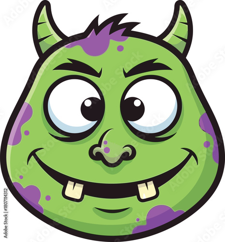 Friendly green cartoon monster with purple spots and horns big eyes and a wide smile showing two front teeth