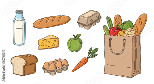 Hand-drawn collection of essential grocery store items, including milk, bread, eggs, cheese, and a paper bag full of produce.