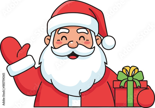 Merry santa claus character waving hello and holding a wrapped gift with a green bow on a white background