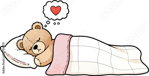 Teddy bear sleeping peacefully under a blanket dreaming of love and affection.