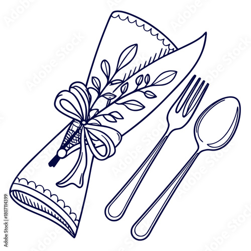 Elegant napkin setting with utensils and botanical accent