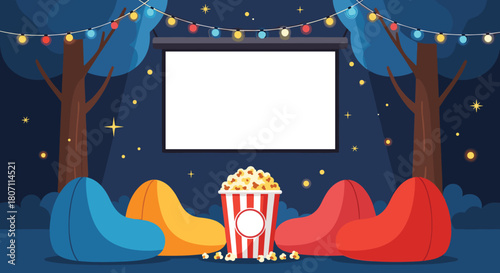 Cozy outdoor movie night setup in a backyard with a blank projector screen, beanbag chairs, popcorn, and festive string lights.