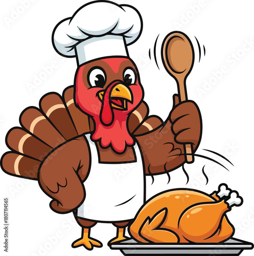 Cute cartoon turkey chef wearing a chef hat and apron proudly presenting a roasted thanksgiving turkey on a platter with a wooden spoon