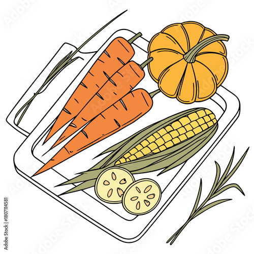 Fresh harvest vegetables on a cutting board illustration