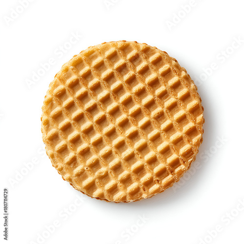 Golden, textured Stroopwafel lies flat with soft lighting. Shows waffle texture details. For product photography, poster design, and social media use.