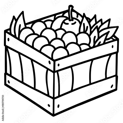 Line art crate filled with fruits and leaves