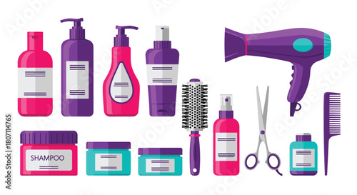 Set of colorful hair care and styling products and tools, including shampoo, a hairdryer, brushes, combs, and scissors.