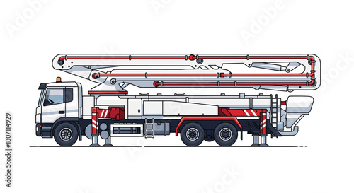 Side profile illustration of a powerful concrete pump truck with an articulated robotic arm, essential heavy machinery for construction projects.