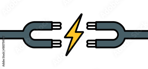Two ends of electrical cords creating a spark with a lightning bolt symbolizing energy transfer.