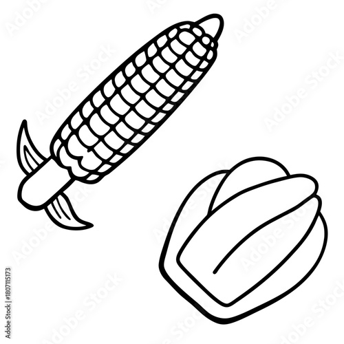 Simple black and white drawing of corn and a hot dog
