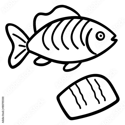 Simple line drawing of a fish and a fish fillet