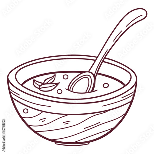 Simple line drawing of a bowl of soup with a spoon