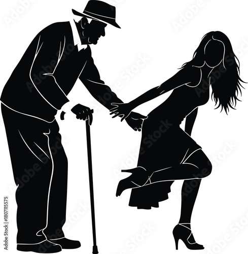 Flat vector illustration of elderly man and young woman silhouette, holding hands, generational connection, contrast, movement, emotional moment