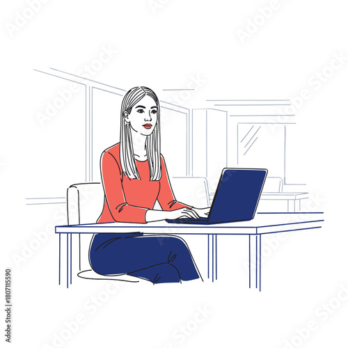 laptop, office, computer, woman, business, chair, silhouette, desk, sitting, vector, work, illustration