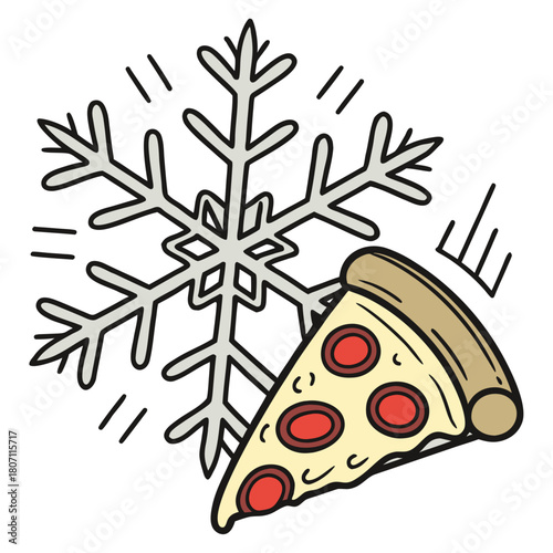 Snowflake and pepperoni pizza slice illustration