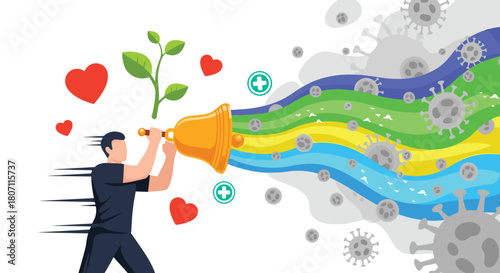 Hopeful man rings a golden bell, unleashing a colorful rainbow of positivity with hearts and plants, driving away gray virus pathogens.