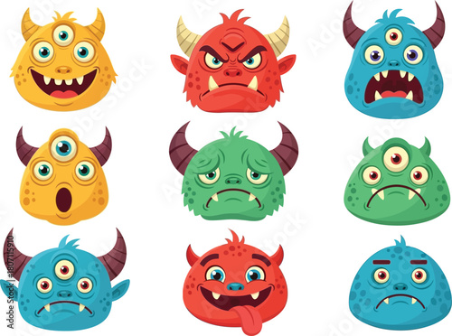 Collection of nine colorful and playful cartoon monster faces with horns and multiple eyes on a white background
