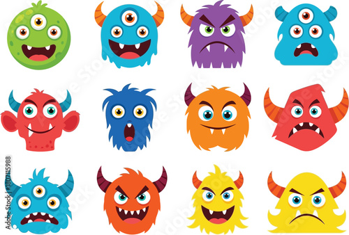 Collection of twelve colorful and cute cartoon monsters with various expressions and features isolated on a white background