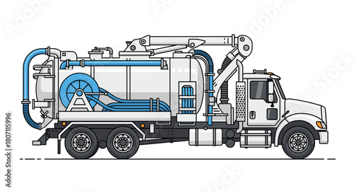 Detailed side view illustration of a modern vacuum truck, also known as a hydro excavator, used for industrial cleaning and excavation.