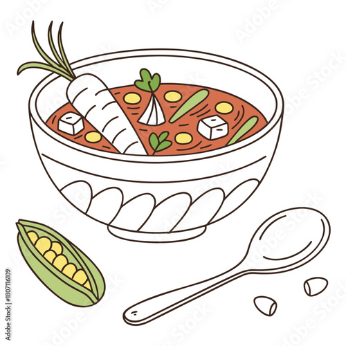 Whimsical doodle of a hearty vegetable soup with spoon and peas