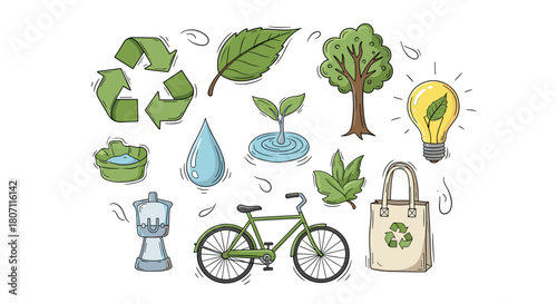 Collection of hand-drawn eco-friendly and sustainability icons, including a recycle symbol, bicycle, reusable bag, and green energy ideas.