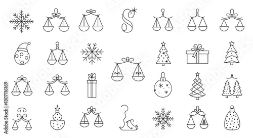 Collection of christmas and zodiac themed line art icons in black and white