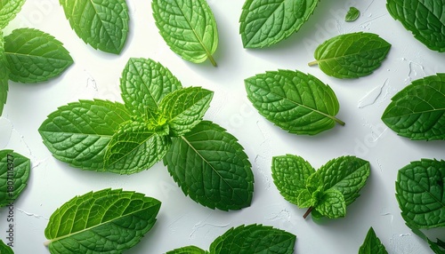 Fresh Mint Leaves Composition on White Surface Botanical Photography Freshness