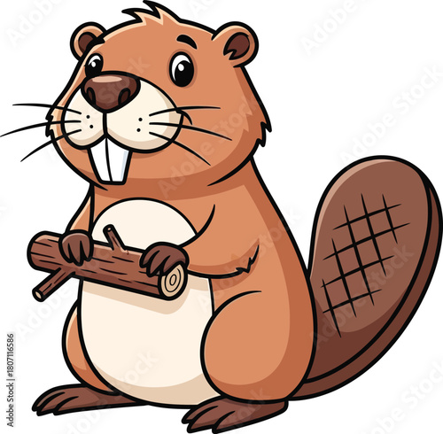 Adorable cartoon beaver with large front teeth holding a small log isolated on a white background perfect for children s illustrations