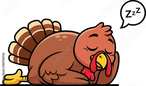 Adorable cartoon turkey character sleeping peacefully with zzzs in a speech bubble perfect for thanksgiving and autumn themes