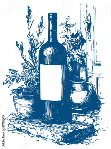 Wine bottle still life with herbs