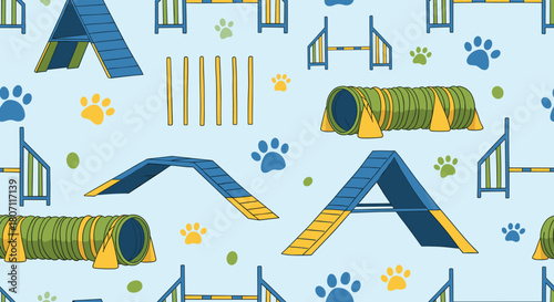 Playful seamless pattern featuring various dog agility course equipment like A-frames, tunnels, and weave poles with paw prints.