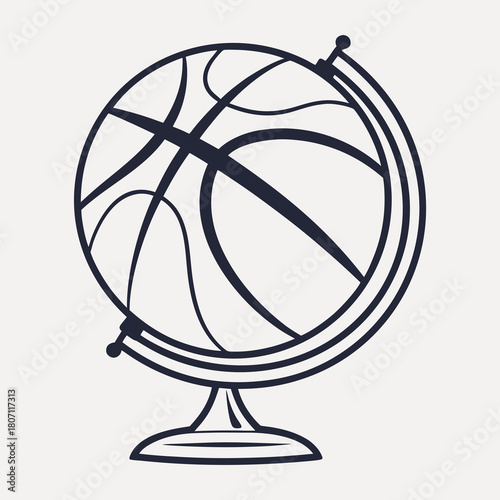A globe with basketball lines on it standing on a pedestal