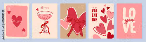 Set of Valentine's Day card designs in minimalist textured style with heart illustrations for romantic greeting and holiday decoration, vector illustration