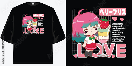 kawaii anime girl embracing sweetness of ripe strawberries juicy parfaits fluffy shortcakes berry bliss love