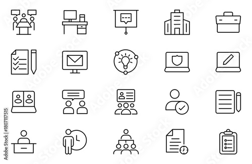 Teamwork linear icons collection. Set of coworking space icons. Business teamwork, team building, work group.