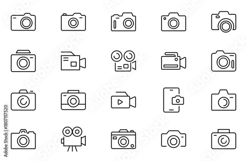 Camera outline icon set. Photography, video, shooting, camera lens, tripod, studio, action camera and camera and equipment line icon set