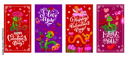 Valentines day greeting cards with cute snakes. Vector set of vertical banners featuring adorable cartoon romantic playful reptiles surrounded by hearts, roses, chocolates, and love themed typography