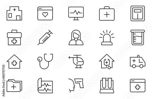 Medical web line icon set. Medicine and Health Care, RX. Medicine, check up, doctor, dentistry, pharmacy, lab, scientific discovery, collection.