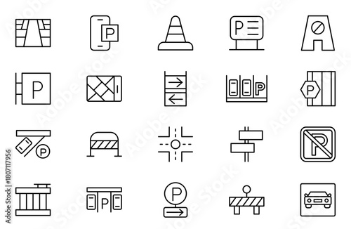 Parking line icon collection. Garage, paid parking, lift, automobile and car parking icon set.