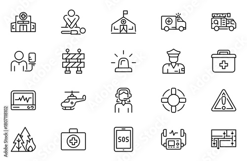 Emergency outline icon set. Linear icon collection. Editable stroke. Vector illustration