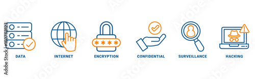Privacy icon set vector concept with icon of data, internet, encryption, confidential, surveillance and hacking 