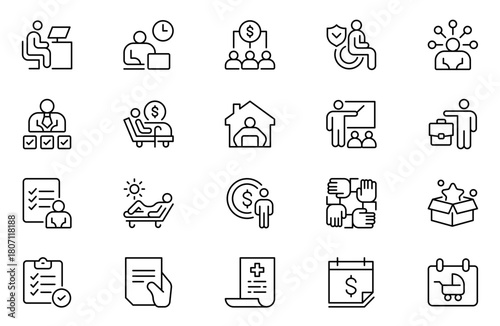Employee benefits line icon set. Maternity leave, paid leave, meals, insurance, company transport, bonuses, protection from dismissal and more. Outline icon set. Vector collection.