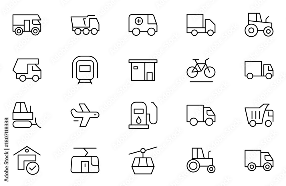 Fototapeta premium Vehicle outline icon set. Shipping And Courier icon. Containing order tracking, delivery home, warehouse, truck, scooter, courier Sea Air, Date, Return Search Parcel and cargo icons.
